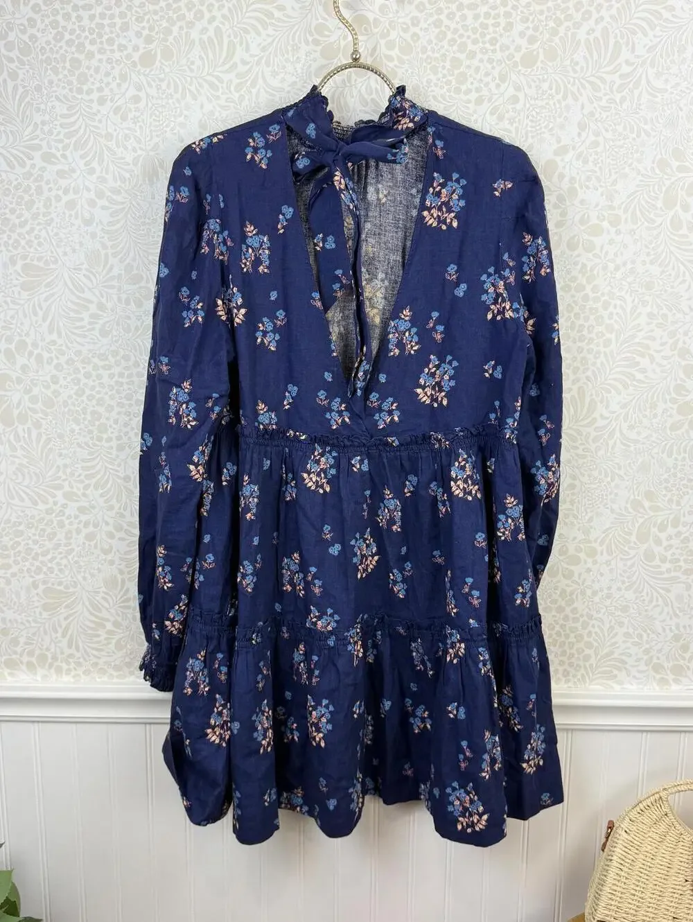 Free People Indigo Linen Blend Petit Fours Floral Mini Dress - Size - Small